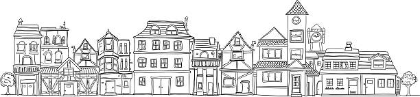 Small town illustraion in black and white Small town illustraion in line art style, black and white hometown stock illustrations