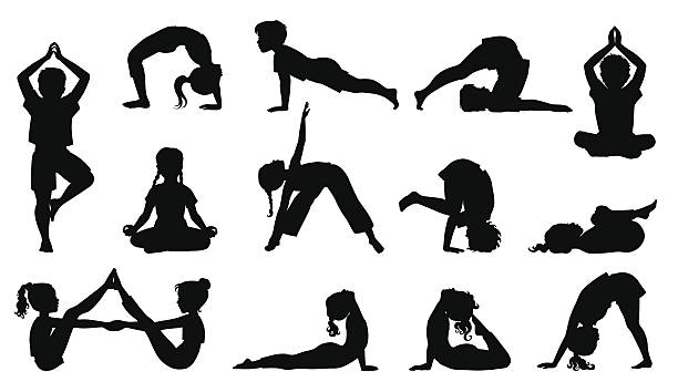 dzieci robi joga - exercising relaxation exercise sport silhouette stock illustrations
