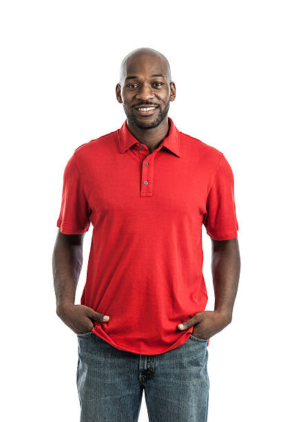 istock Man in red shirt smiling on white background  457740247