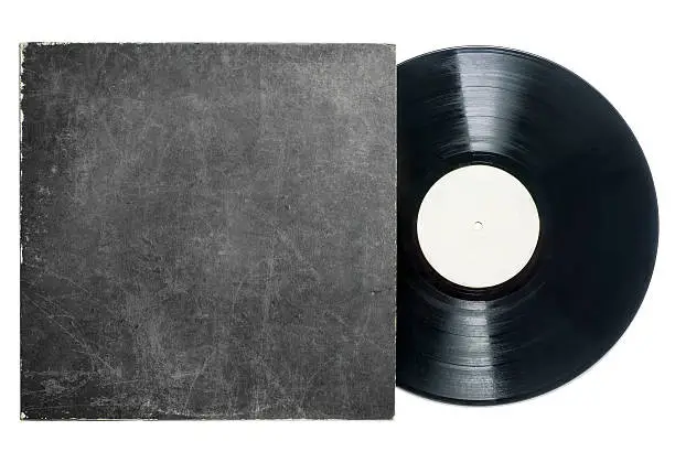 Old vinyl long play record with a blank label and a cardboard album cover with a scratched,grungy texture with room for copy.