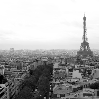 A black and white view of the Eiffel Tower in Paris. in Paris, Île-de-France, France