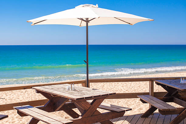 istock White umbrella in the empty bar at sea outdoors 457787579