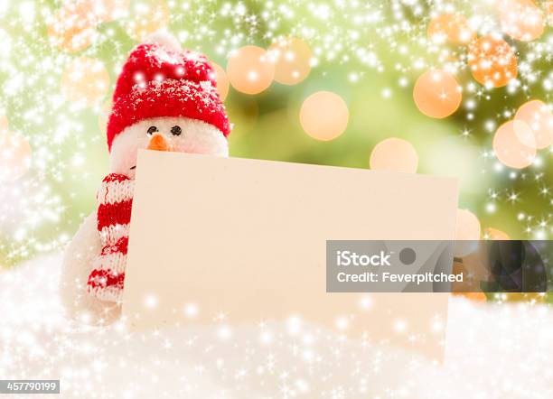 Snowman With Blank White Card And Lights Stock Photo - Download Image Now - Blank, Bright, Brightly Lit
