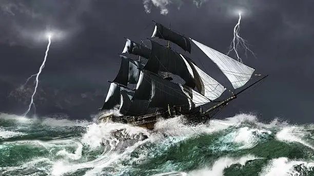 Tall ship sailing in heavy seas in a lightning storm, 3d digitally rendered illustration