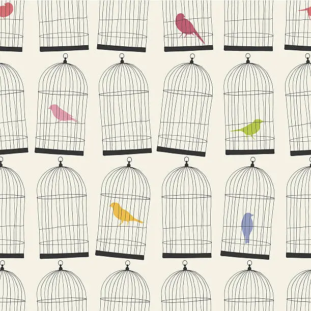 Vector illustration of seamless birdcages and colorful birds wallpaper pattern