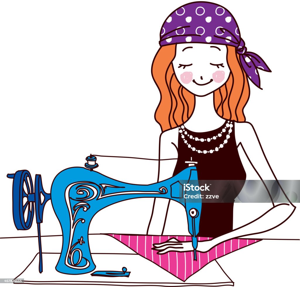 Sewing Machine With Girl Stock Illustration - Download Image Now - Adult,  Adults Only, Bandana - iStock