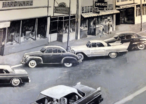 A mural of the 1950s downtown San Bruno, California