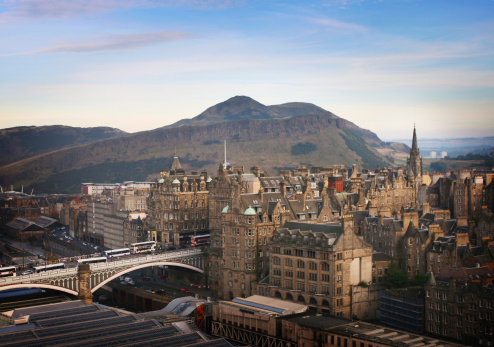 Edinburgh city centre, taken from the Scott Monument on Princes Street. View east includes the Old Town, North Bridge and Arthur's Seat.