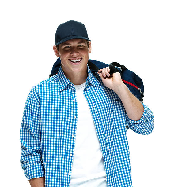istock Smiling man with gym bag on shoulder 457825933