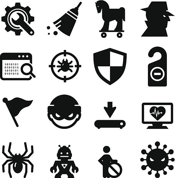 illustrazioni stock, clip art, cartoni animati e icone di tendenza di spyware e malware serie di icone-nero - computer bug computer magnifying glass computer software