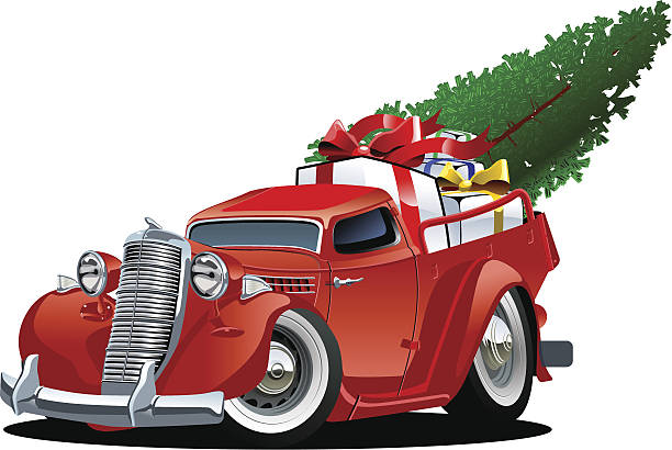 istock Classic red car with Christmas tree and gifts in back 457871015
