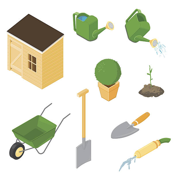 illustrations, cliparts, dessins animés et icônes de isométrique icônes de jardinage - trowel shovel gardening equipment isolated