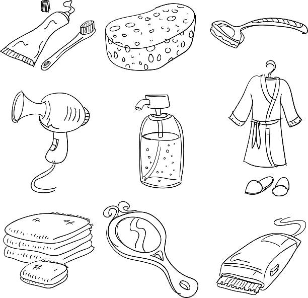 Bathroom accessory collection Sketing Drawing of Bathroom accessories. toothbrush and toothpaste drawing stock illustrations