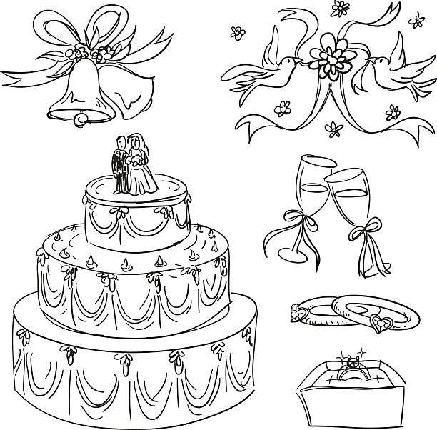 ilustrações, clipart, desenhos animados e ícones de coleção de itens de casamento em estilo de desenho - wedding couple toast glasses