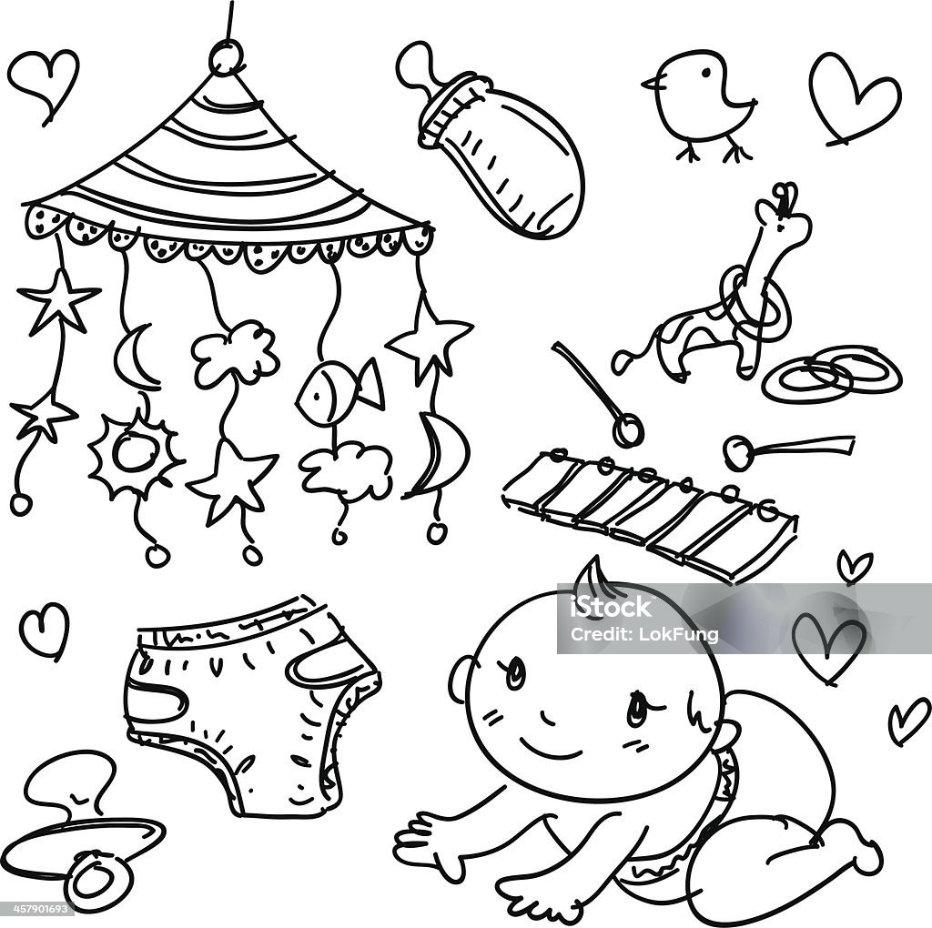 Baby's products in sketch style Sketing Drawing of baby's products.  Baby - Human Age stock vector