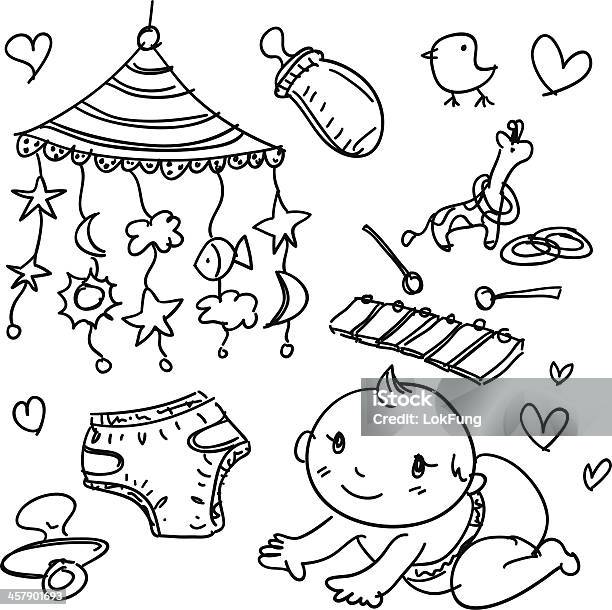 Babys Products In Sketch Style Stock Illustration - Download Image Now - Baby - Human Age, Doodle, Animal