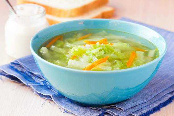 Vegetable soup with cabbage, kohlrabi, carrots, healthy vegan stock photo