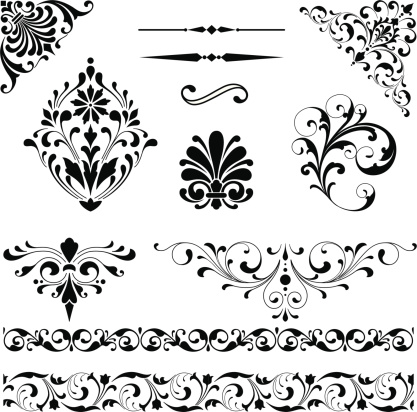 Set of black vector ornaments - scrolls, repeating borders, rule lines and corner elements.