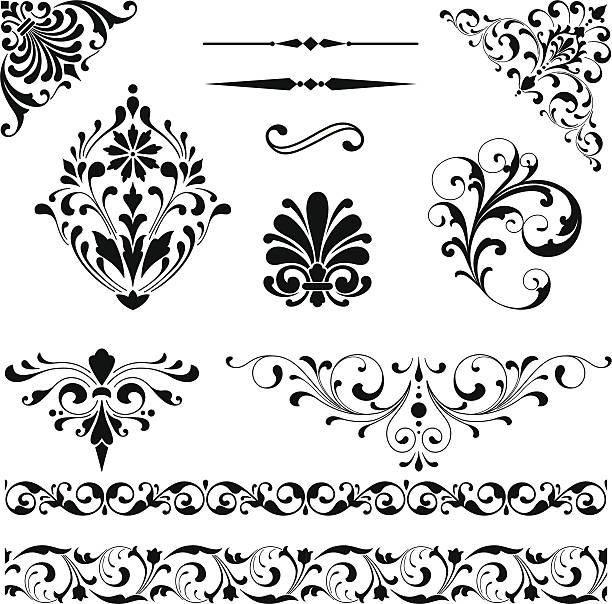 Ornament Set Set of black vector ornaments - scrolls, repeating borders, rule lines and corner elements. baroque style stock illustrations