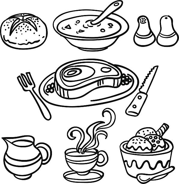 ilustraciones, imágenes clip art, dibujos animados e iconos de stock de colección de la cena en blanco y negro - white background container silverware dishware