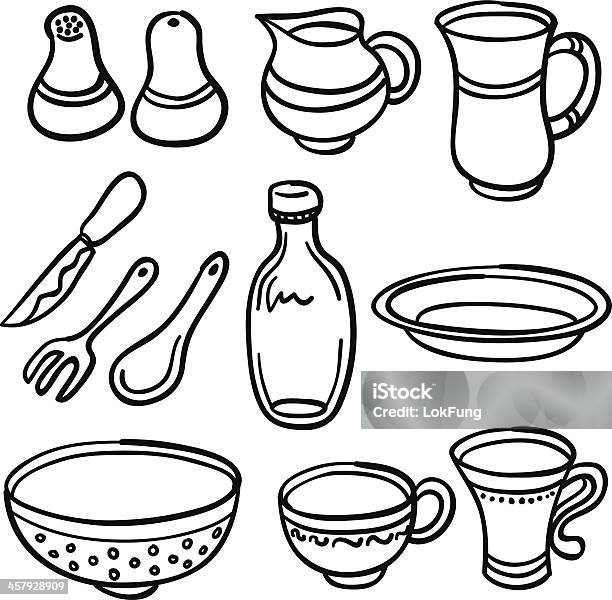 Kitchenware In Black And White Stock Illustration - Download Image Now - Bowl, Black And White, Doodle