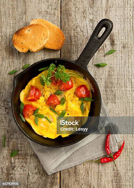 Scrambled Eggs With Grilled Tomatoes Stock Photo - Download Image Now - Appetizer, Bread, Breakfast