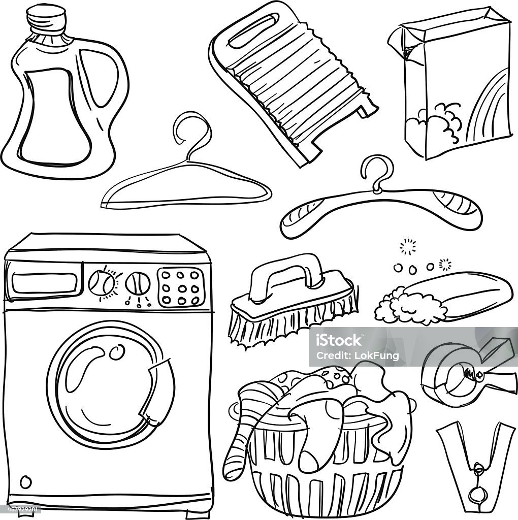 Laundry collection in black and white Sketch drawing of laundry collection in black and white, sketch style. Washing Machine stock vector