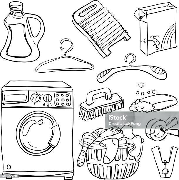 Laundry Collection In Black And White Stock Illustration - Download Image Now - Washing Machine, Illustration, Laundry Basket