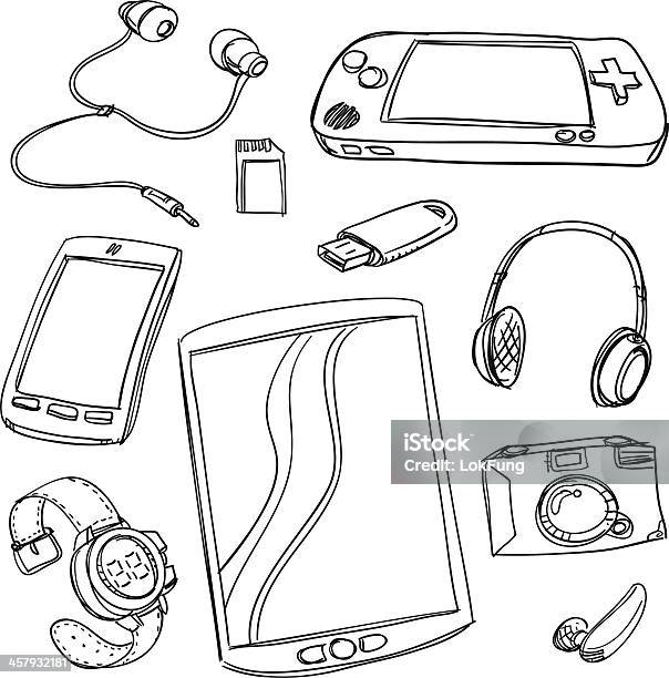 Gadgets Numériques Collection Vecteurs libres de droits et plus d'images vectorielles de Tablette numérique - Tablette numérique, Casque audio, Griffonnage