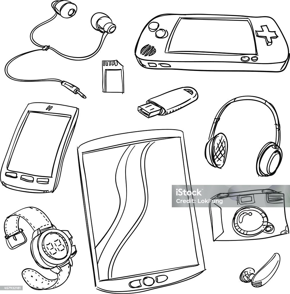 Digital gadget collection Sketch Drawing of digital gadgets in black and white. Digital Tablet stock vector