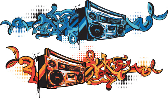 graffiti arrows & funky boombox, two versions layered vector artwork