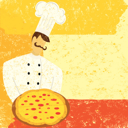 A chef holding a pizza. The chef is on a separate labeled layer from the background.