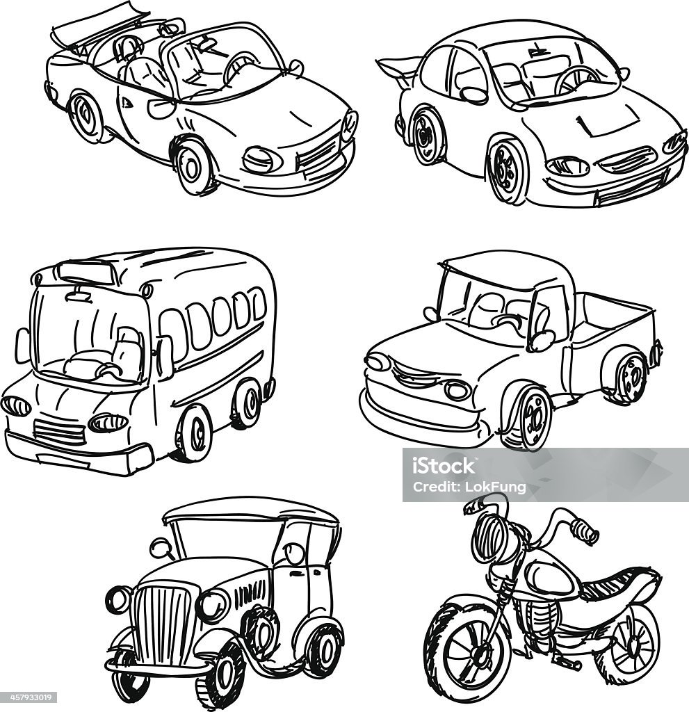 Black and white sketches of varied motor vehicles Sketch drawings of different kinds of vehicles in black and white. Car stock vector