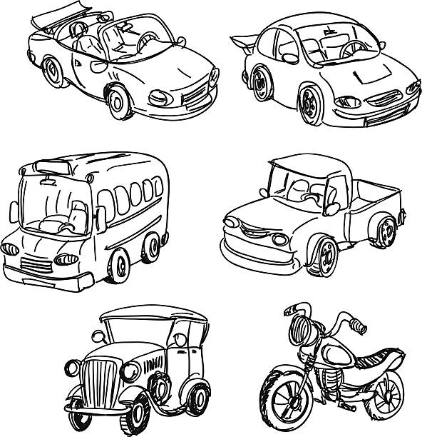 Black and white sketches of varied motor vehicles Sketch drawings of different kinds of vehicles in black and white. motorcycle drawings stock illustrations