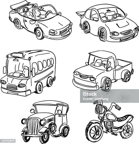 Black And White Sketches Of Varied Motor Vehicles Stock Illustration - Download Image Now - Car, Vintage Car, Doodle