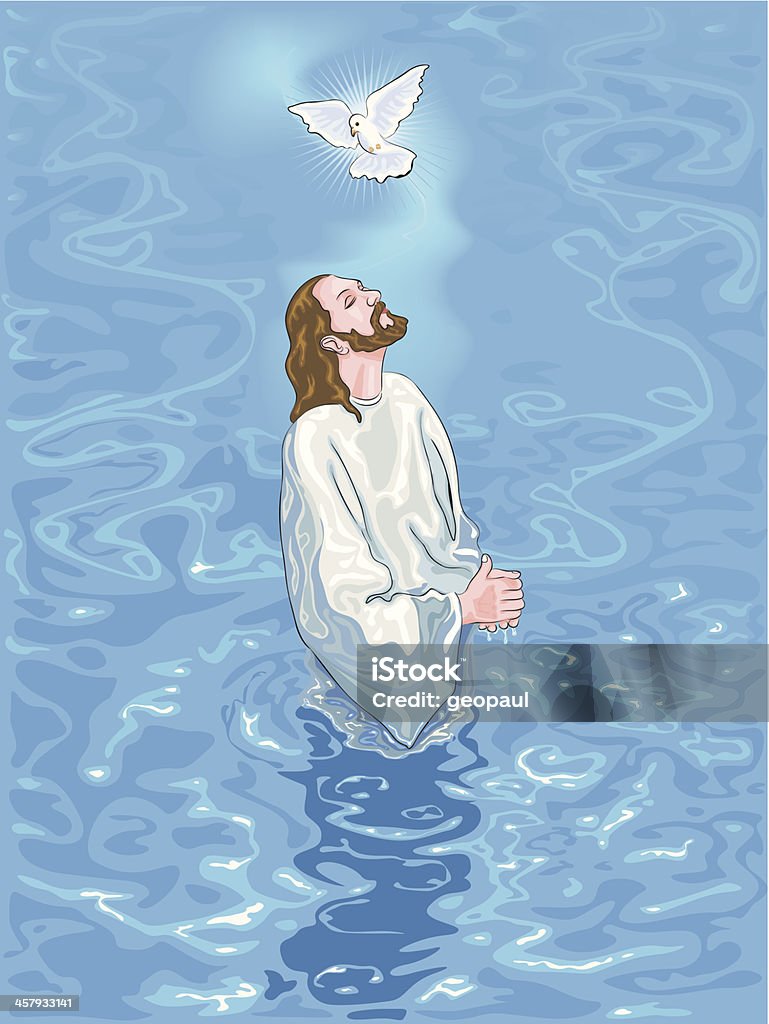 Baptism of Jesus Detailed vector illustration of Jesus' baptism at the Jordan river with the descent of the holy Spirit in the form of a dove. Vector file contains a gradient mesh. Jesus Christ stock vector