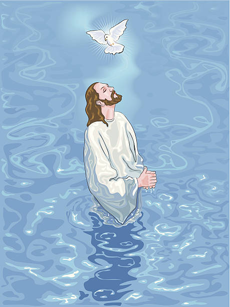 Baptism of Jesus Detailed vector illustration of Jesus' baptism at the Jordan river with the descent of the holy Spirit in the form of a dove. Vector file contains a gradient mesh. christening stock illustrations