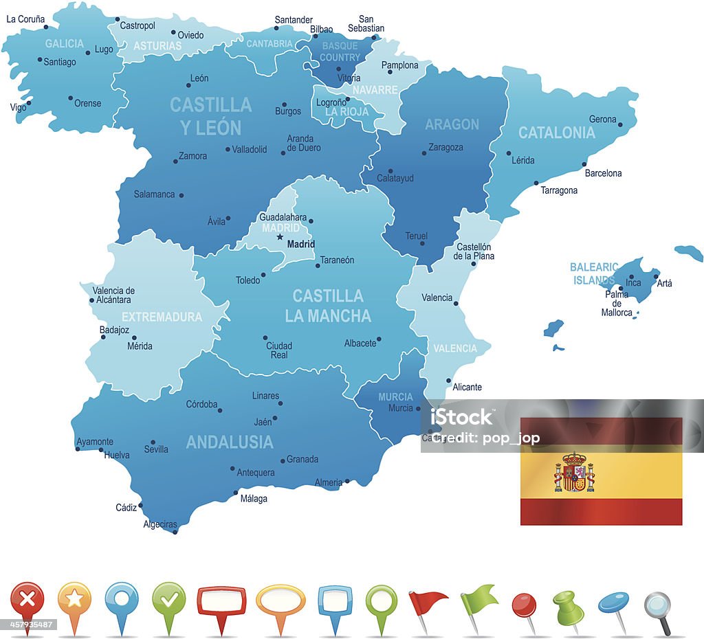 L'Espagne, vue de près et très détaillées carte - clipart vectoriel de Catalogne libre de droits