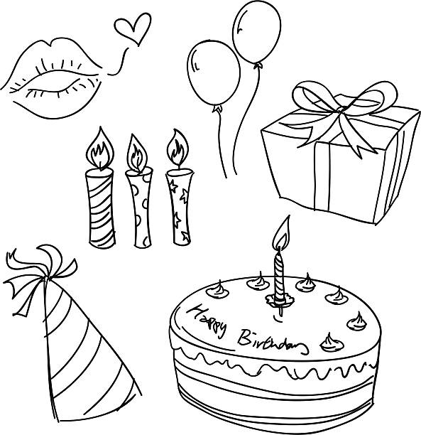 bildbanksillustrationer, clip art samt tecknat material och ikoner med birthday celebration sketch in black and white - läppstiftskyss illustrationer