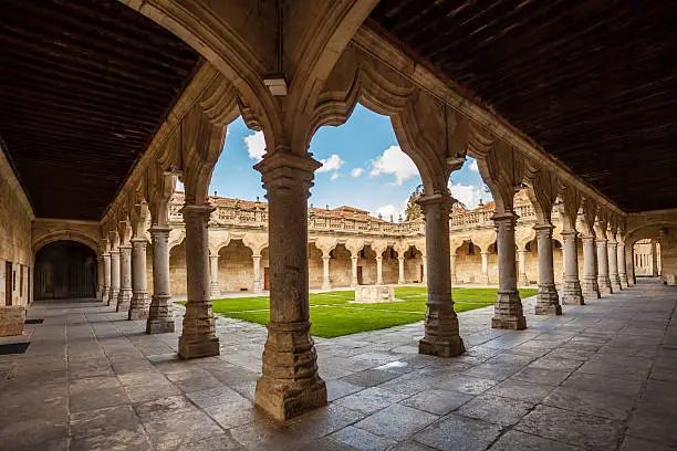 Old historic cloister in the  downtown of Salamanca. Plateresque XV century.  The old city of Salamanca was declared a UNESCO World Heritage site in 1988.