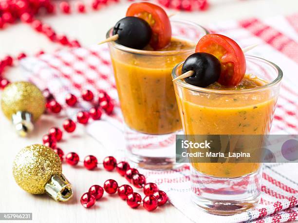 Vegetable Soup In Small Glasses With Olives Starter Appetizer Stock Photo - Download Image Now