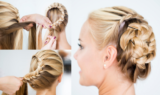 Collage of four images How to make a snail bun hairstyle in steps