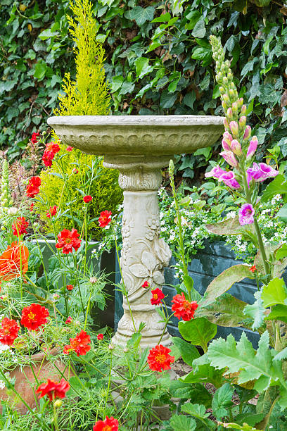 istock Summer bedding flowers with decorative stone bird bath 457963301