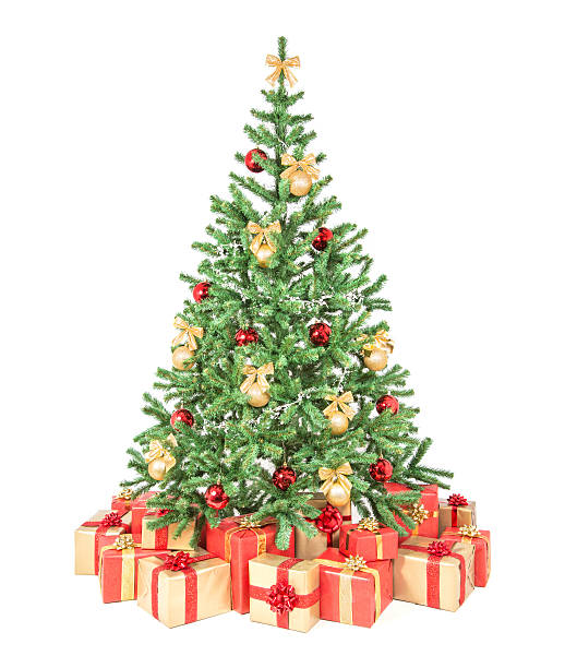 istock Decorated Christmas tree with many gift boxes isolated on white 457966831