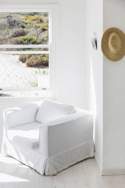 istock Armchair next to window overlooking beach 457977325