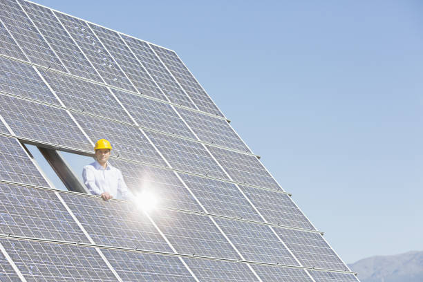 worker examining solar panel in rural landscape - 11992 뉴스 사진 이미지