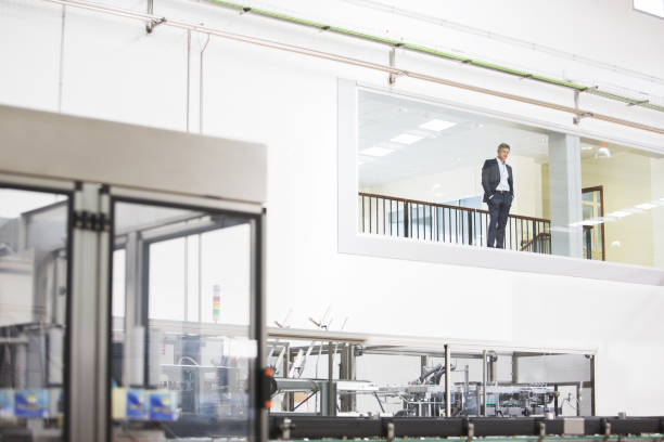 istock Businessman in window overlooking factory 457978675