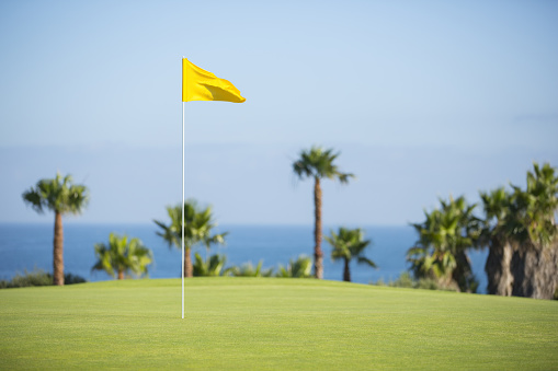Flag in hole on golf course overlooking ocean