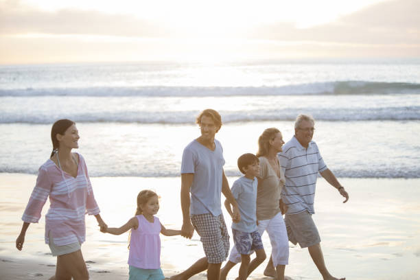 istock Multi-generation family walking together on beach 457980833