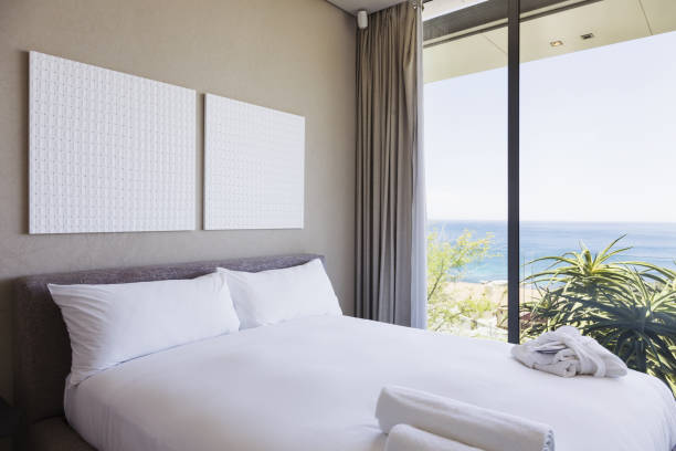 istock Modern bedroom with ocean view 457982415